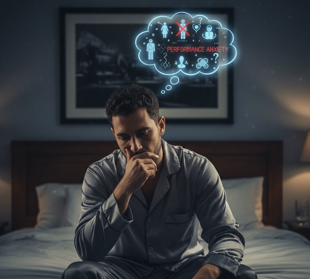 Man sitting on edge of bed feeling anxious about intimacy