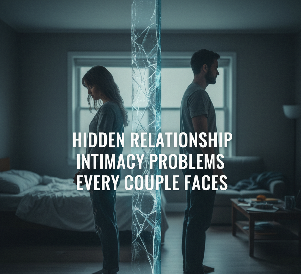 Couple divided by a shattered glass wall, representing hidden relationship intimacy problems.